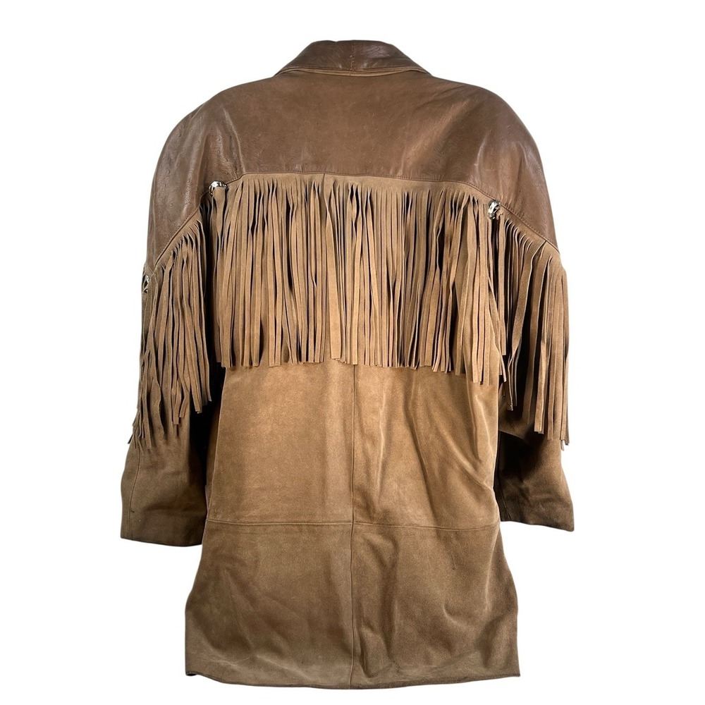 vtg Outerwear By Phoenix tan suede ostrich leather trim rodeo fringe jacket sz L - Picture 2 of 10
